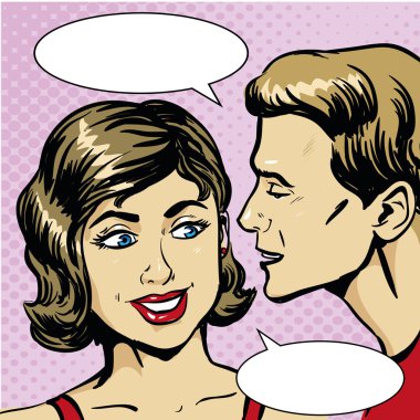Pop art retro komik vektör illüstrasyon. Kadına dedikodu fısıldayan ya da gizli olan adam. Konuşma balonu