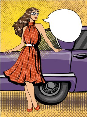 Elbiseli güzel kadın arabanın yanında kalır. Pop art retro tarzında komik vektör illüstrasyon.