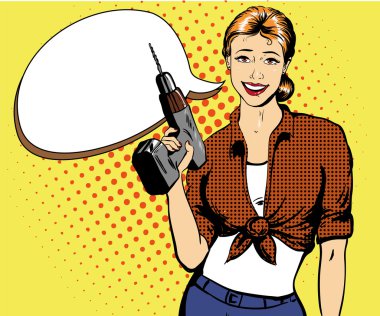 Woman with drill vector illustration in retro comic pop art style. Girl and hardware power tools.