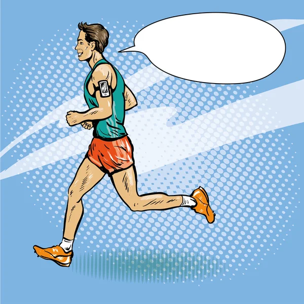 Esportista correndo conceito vetor ilustração em estilo retro quadrinhos pop art. Homem atleta correr maratona —  Vetores de Stock