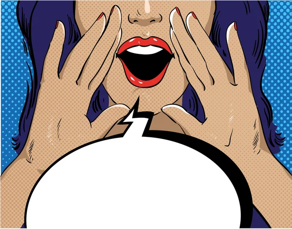 Woman with speech bubble in retro pop art style. Girl screaming template comic vector illustration. Face open mouth — Stok Vektör