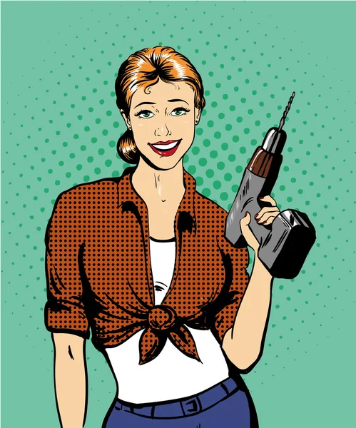 Mujer con ilustración vectorial de taladro en estilo retro cómic pop art. Niña y hardware herramientas eléctricas — Archivo Imágenes Vectoriales