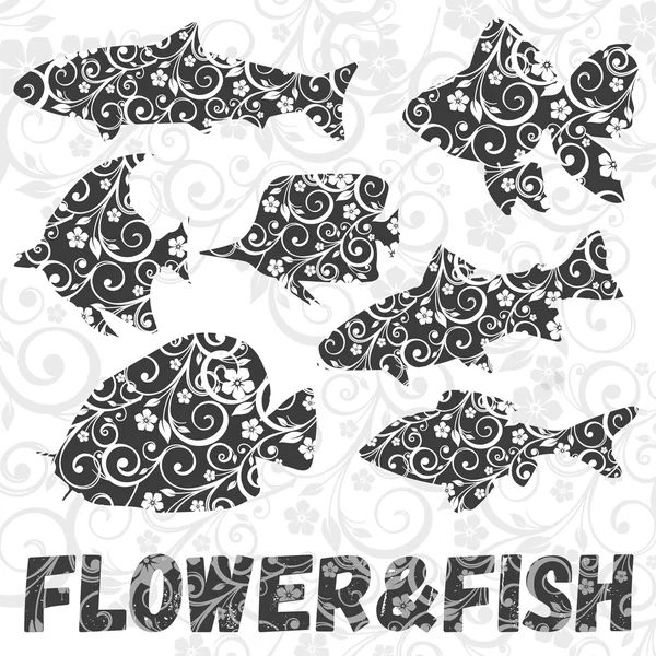 Wektor zbiór sylwetki ryb z kwiatowym wzorem na tle. — Wektor stockowy