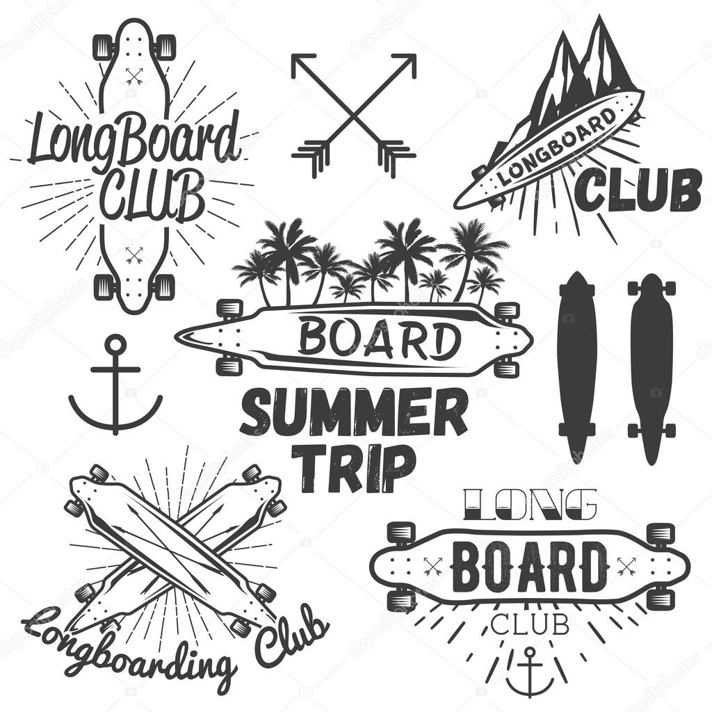 Vector set of longboard skateboard emblems, labels, badges and design elements. Skateboarding concept illustration in monochrome style.