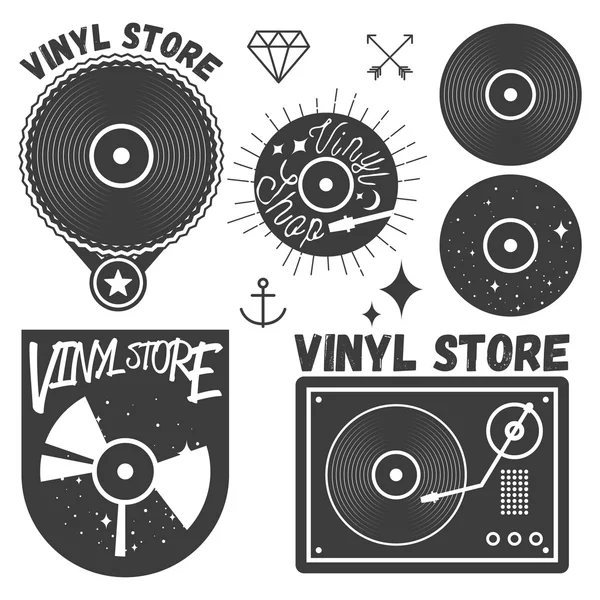 Conjunto vetorial de disco de vinil e leitor. Os registros musicais armazenam logotipos, elementos de design . — Vetor de Stock