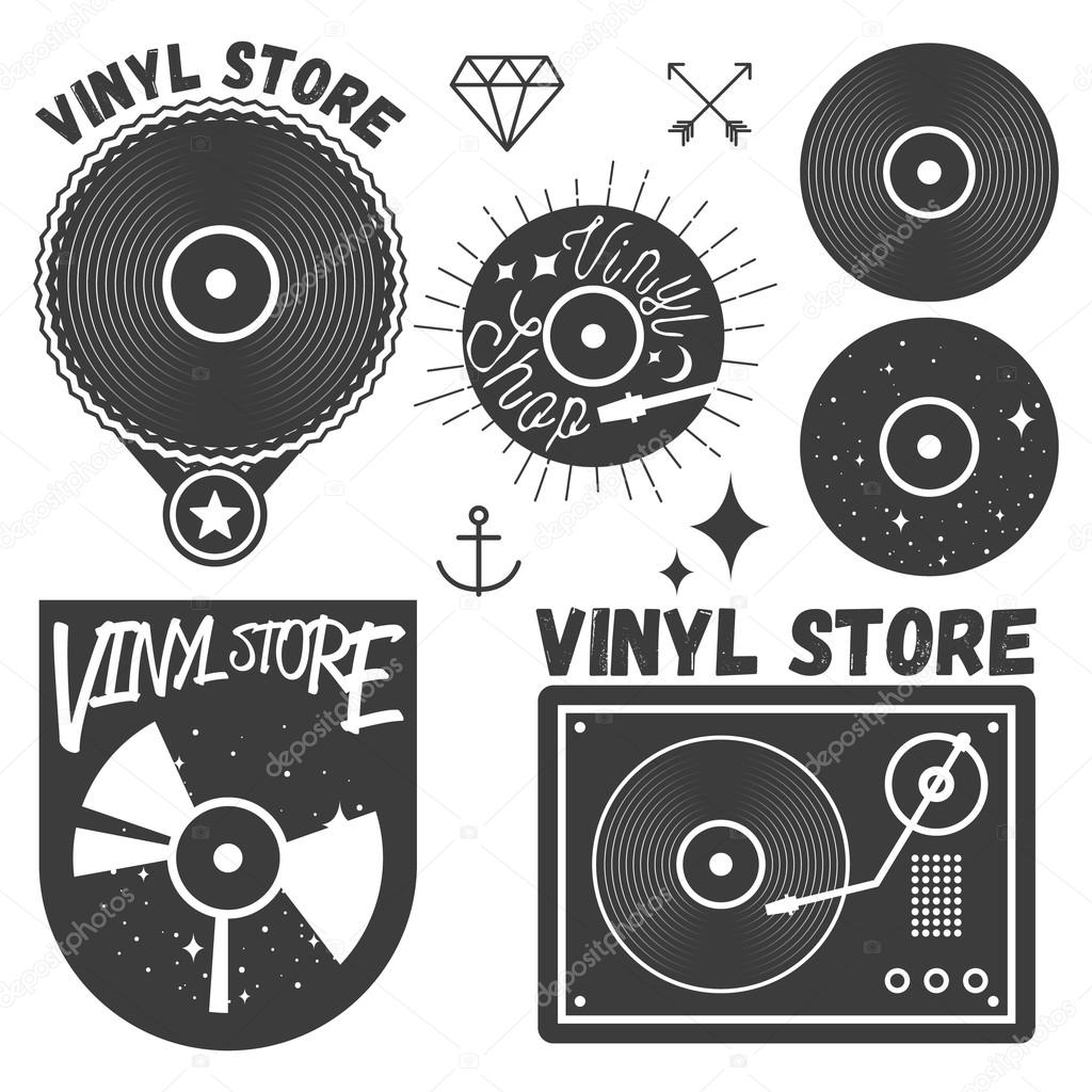 Vector set of vinyl disc and player. Vinyl records store logotypes and design elements. Labels, emblems, badges and icons in vintage style.