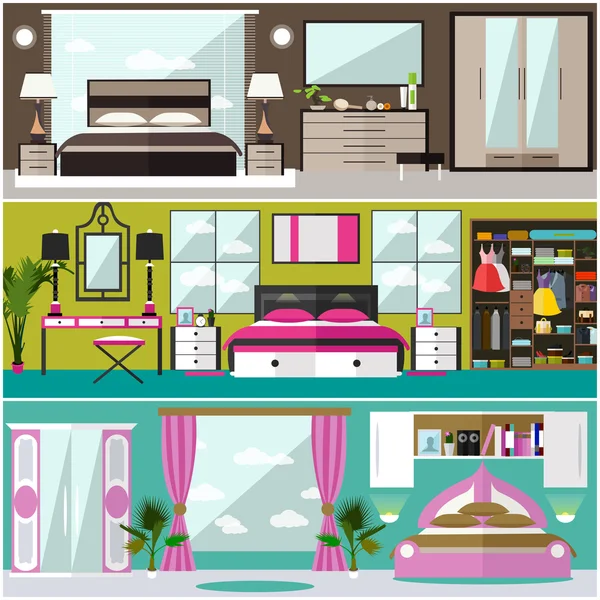 Schlafzimmerbanner im flachen Stil. Vektorillustration. Gestaltungselemente und Symbole für das Haus — Stockvektor
