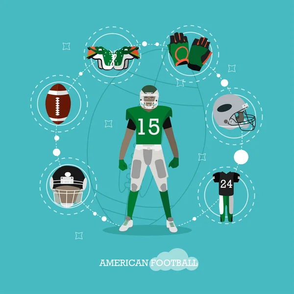 American Football-Spieler mit Ausrüstung. Sport-Konzept Vektor-Illustration im flachen Design — Stockvektor