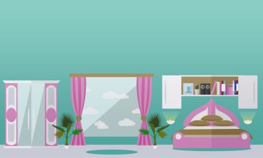 Düz stil yatak odası iç. Vektör çizim. House Oda tasarım öğeleri ve simgeler