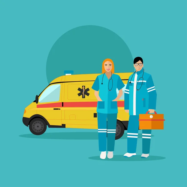 Carro de ambulância e equipa paramédica de emergência. Ilustração vetorial em design de estilo plano. Conceito de ajuda médica — Vetor de Stock