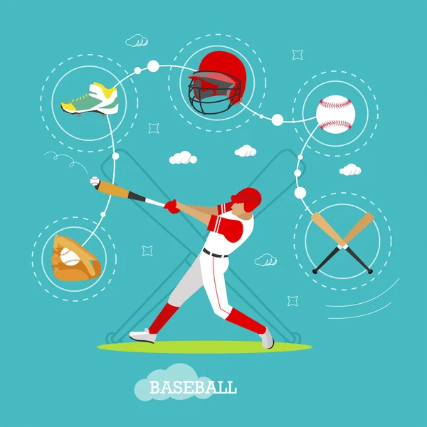 Basebollspelare med utrustning. Sport koncept vektor illustration i platt stil design. Uniform, hjälm, boll och fladdermus. — Stock vektor