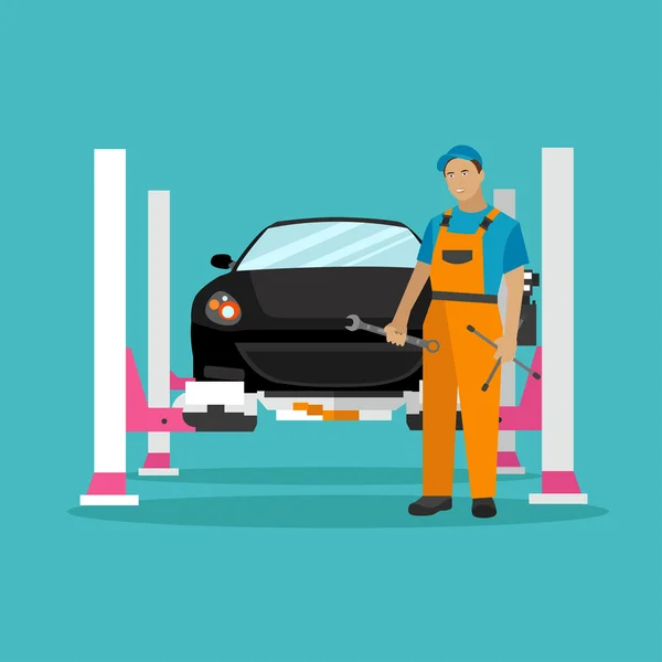 Bilverkstad koncept vektor illustration i platt stil. Bilmekaniker med utrustning och verktyg. Garage service. — Stock vektor