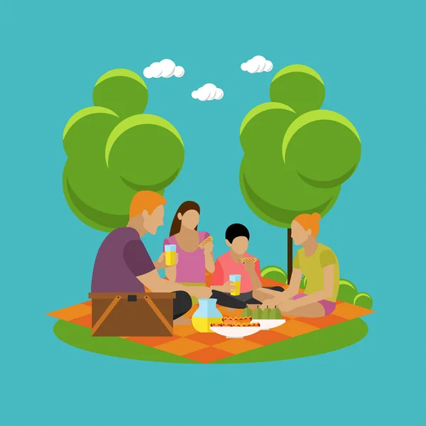 Vector illustration of summer recreation. Family picnic and camping in a park flat icons