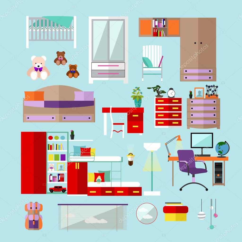 Kids Bedroom Interior Objects In Flat Style Vector