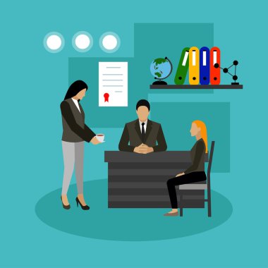 İş sunumları ve toplantıları ile Vektör afiş kavramı. İnsanların veya ofis çalışanlarının düz tasarımı.