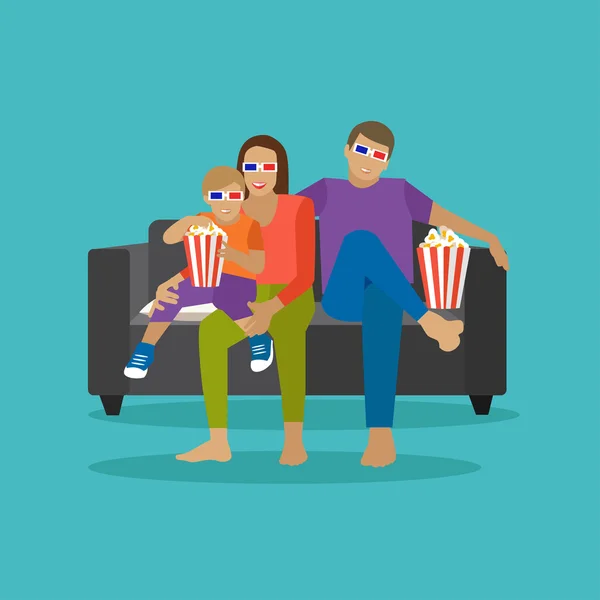 Οικογένεια να τρώει ποπ κορν και να βλέπει ταινία στο σπίτι. Κινηματογραφική εικόνα διανυσματικού διάνυσμα σε επίπεδη στυλ. — Διανυσματικό Αρχείο