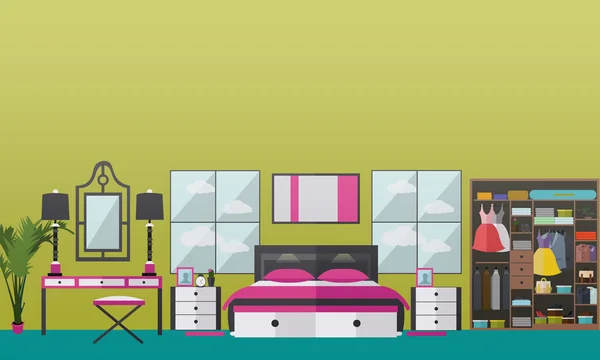 침실 인테리어 배너는 평면 스타일로 설정. 벡터 그림입니다. 하우스 룸 디자인 요소 및 아이콘 — 스톡 벡터