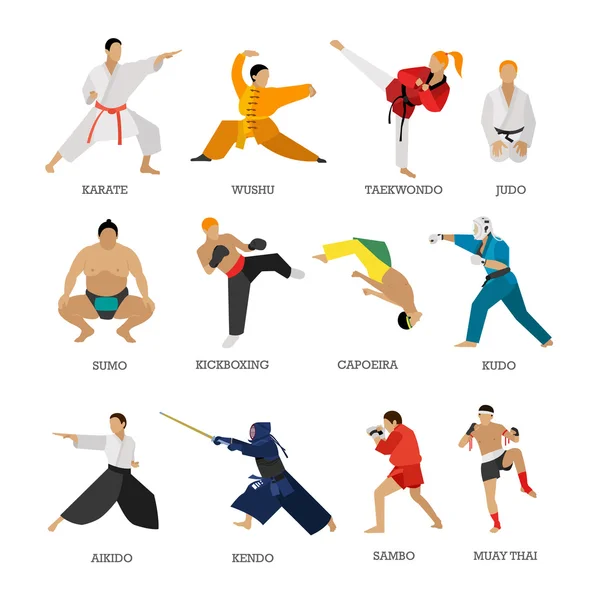 Conjunto vectorial de silueta de personas de artes marciales aisladas sobre fondo blanco. Posiciones de luchadores deportivos . — Vector de stock