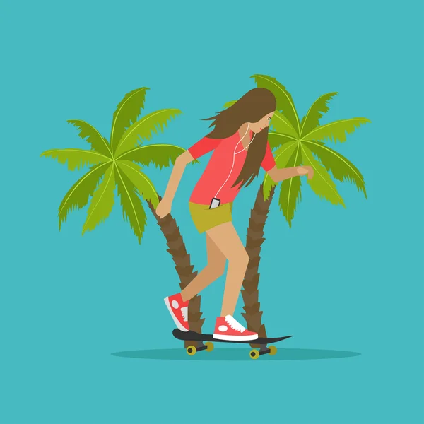 Rapariga a andar de skate ao lado das palmas das mãos. Ilustração vetorial em estilo plano. Carácter urbano . —  Vetores de Stock