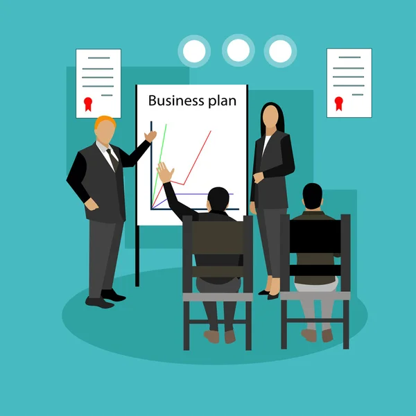 Vektor-Banner-Konzept mit Geschäftspräsentationen und Meetings. flache Gestaltung von Menschen oder Büroarbeitern. — Stockvektor