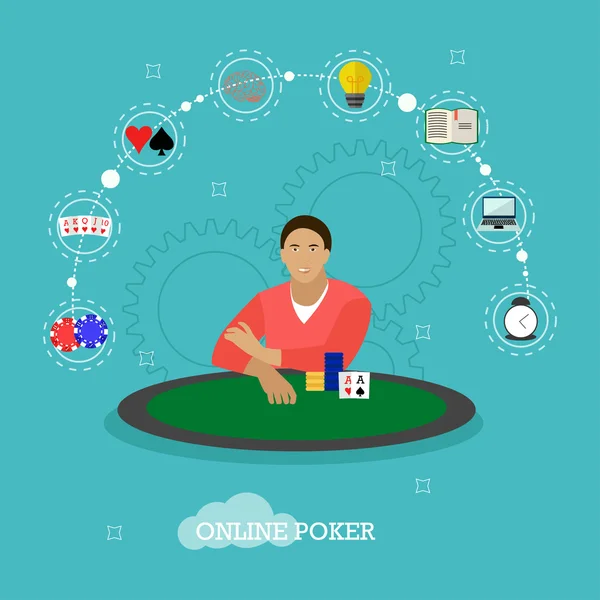 Člověk hraje poker na stole. Lidé v Casino koncepčních vektorových ilustrací v plochém stylu. Návrhové prvky a ikony pro online karetní hru. — Stockový vektor