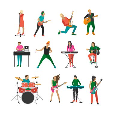 Vektör rock müzisyenleri ve şarkıcıları kümesi. Müzik bandı tasarım öğeleri, beyaz arka plan üzerinde izole simgeler. Kişi karakterleri