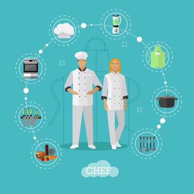 Pişirme şefleri karakterleri. Düz stil tasarımında vektör illüstrasyonu. Kadın ve erkek şef aşçı