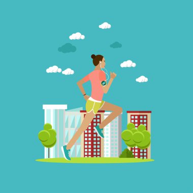 Bir sokakta çalışan kadın. Spor fitness kavramı vektör çizim düz stil. Tasarım öğeleri ve simgeler. Sağlıklı yaşam tarzı