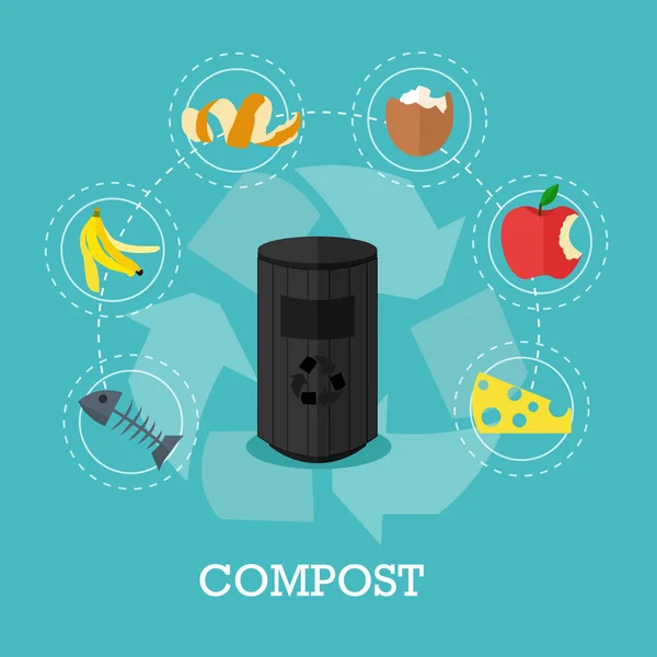 Reciclar basura concepto vector ilustración en estilo plano. Cartel e iconos del reciclaje de residuos de compost . — Archivo Imágenes Vectoriales