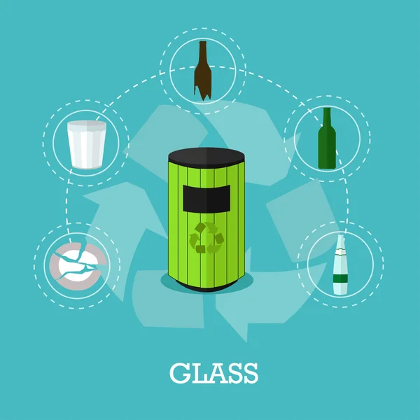 Reciclar basura concepto vector ilustración en estilo plano. Cartel e iconos del reciclaje de residuos de vidrio . — Vector de stock