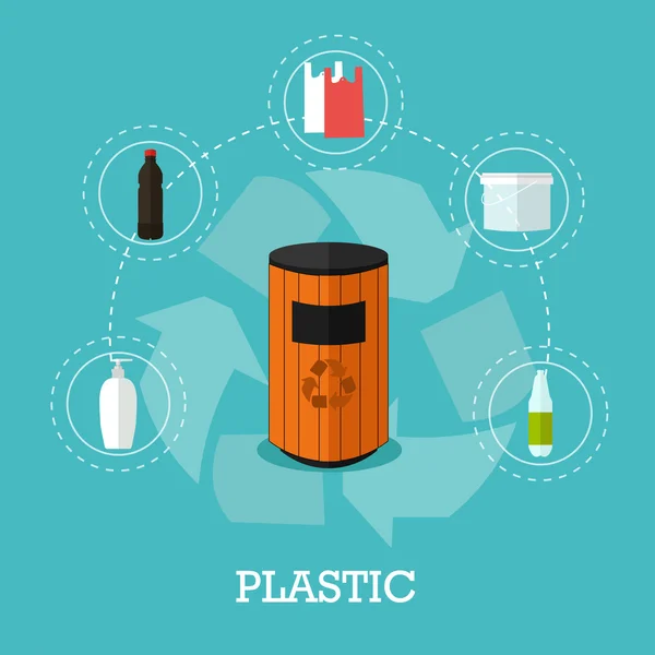 Reciclar basura concepto vector ilustración en estilo plano. Cartel e iconos del reciclaje de residuos plásticos . — Archivo Imágenes Vectoriales