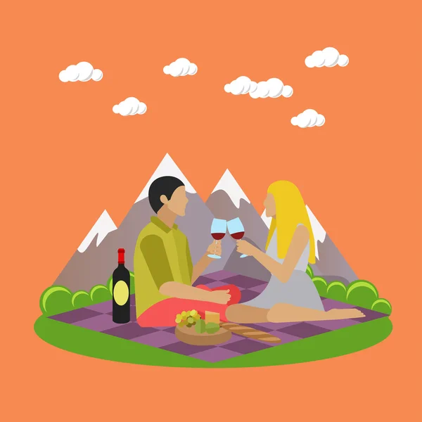 Vector illustration of summer recreation. Family picnic and camping in a park flat icons