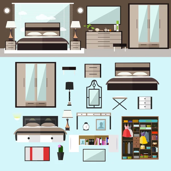 フラット スタイルのベッドルームのインテリア。ベクトルの図。家の部屋の設計要素およびアイコン — ストックベクタ
