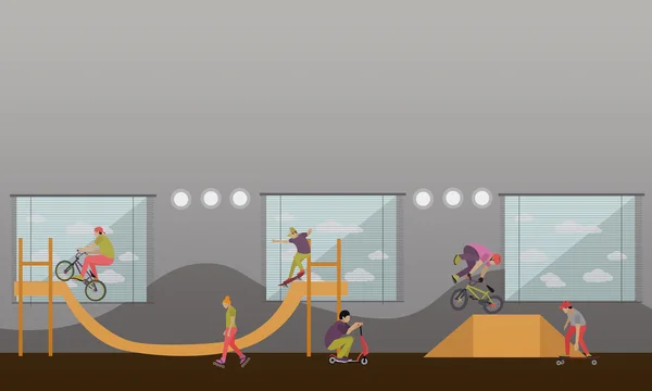 Ilustração vetorial de pessoas em bicicleta, skate, rolos e scooter. Adolescente faz truques, acrobacias. Bandeiras do parque de skate . —  Vetores de Stock