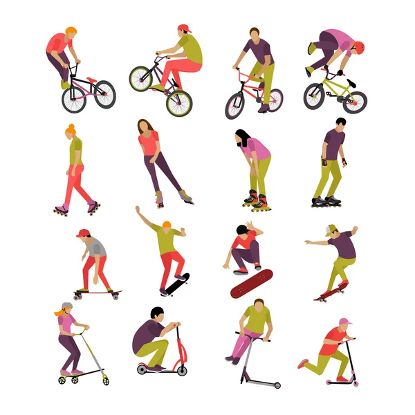 Conjunto vectorial de personas en bicicleta, monopatín, patines y scooter. Iconos de diseño deportivo. Adolescente hace trucos, acrobacias . — Archivo Imágenes Vectoriales