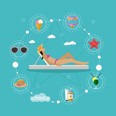Yaz plaj tatil kavramı vektör çizimde düz stil. Güzel kadın güneşlenme şezlong içinde. Tropikal tatil öznitelikleri.