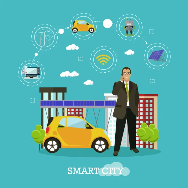 Smart city concept vector illustration in flat style. Businessman talks by smartphone. Internet of things and new technologies design elements, icons — Stock Vector