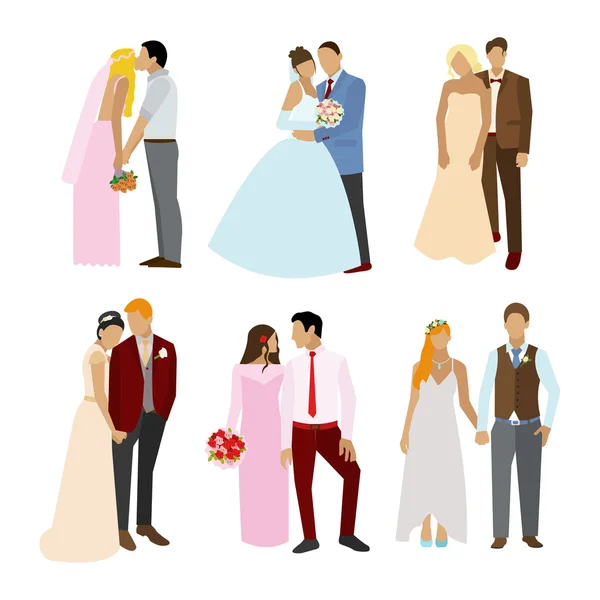 Apenas casais casados em poses e vestidos diferentes. Ilustração vetorial em estilo plano. Casamento casal silhuetas . — Vetor de Stock