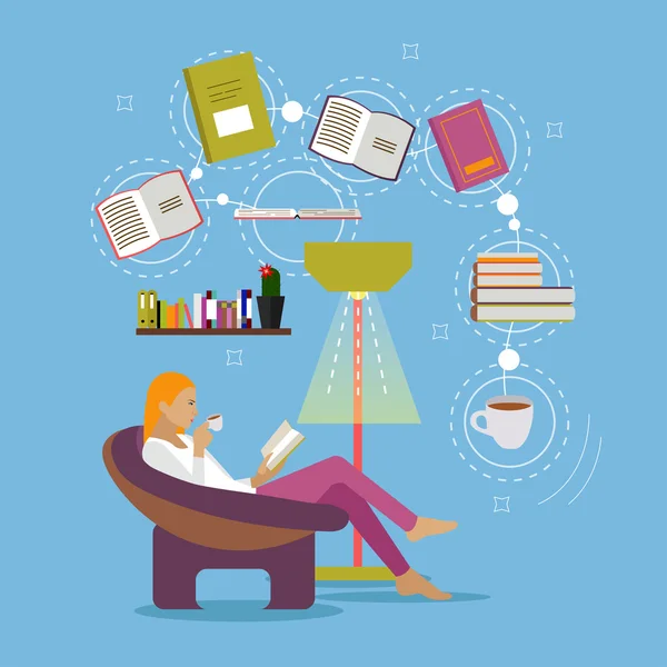 Genç kadın evde modern sandalyede oturan, kitap okumak, kahve içme. Vektör çizim düz stil tasarım — Stok Vektör