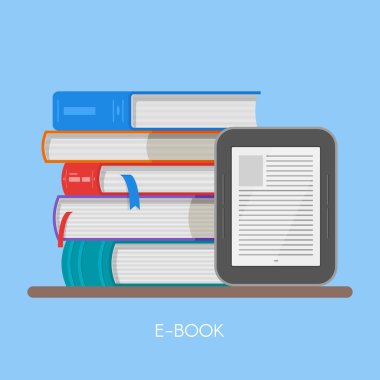 Elektronik kitap kavramı vektör Illustration düz tarzı. Yığın kitap ve okuyucu.