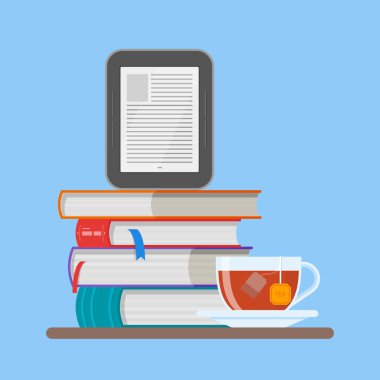 Elektronik kitap kavramı vektör Illustration düz tarzı. Yığın kitap ve okuyucu.