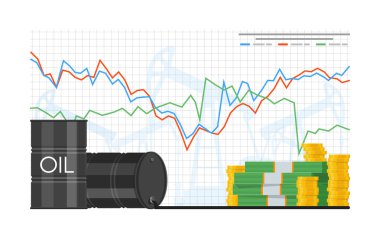 Varil petrol fiyat grafik vektör çizim düz tarzı. Dizüstü ekran üzerinde hisse senedi grafiği.