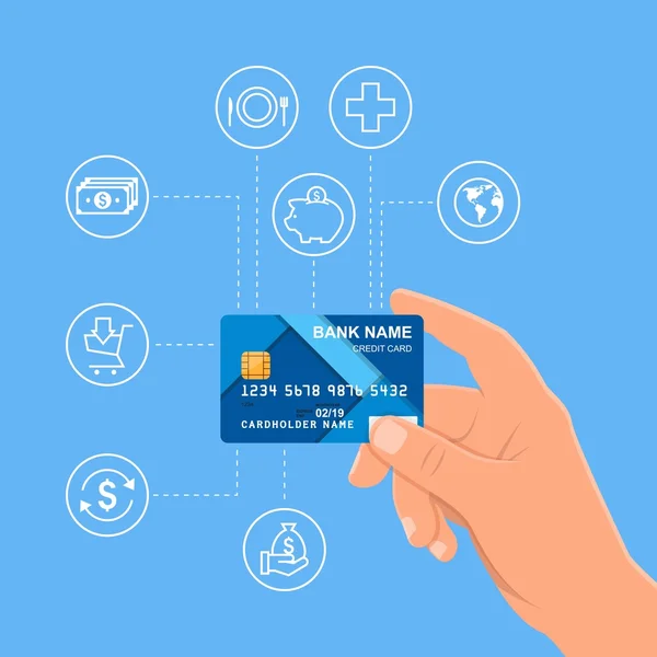 Menselijke hand met bank creditcard. Financiële en geld betalingen concept vectorillustratie in vlakke stijl — Stockvector