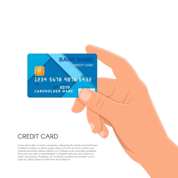 Mänsklig hand innehav bank kreditkort. Pengar och finansiella betalningar begreppet vektor illustration i platt stil — Stock vektor