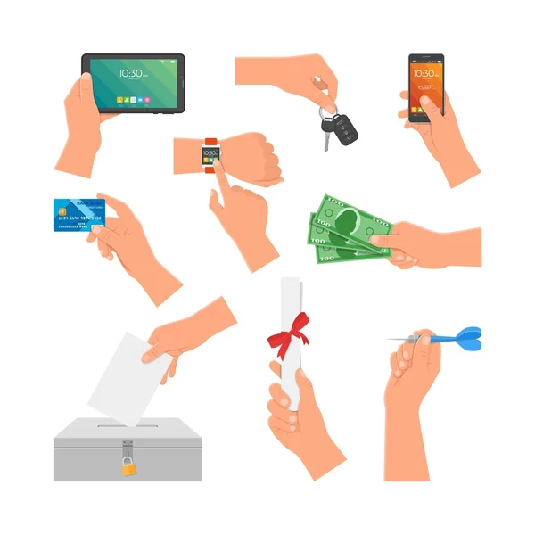 Wektor zestaw ludzkie ręce trzymając pieniądze, karty kredytowe, telefon i klucz. Elementy projektu, ikony na białym tle — Wektor stockowy