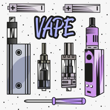 Vape cihaz ve parçaları vektör illüstrasyon. Sigara Elektronik sigara kavramı.