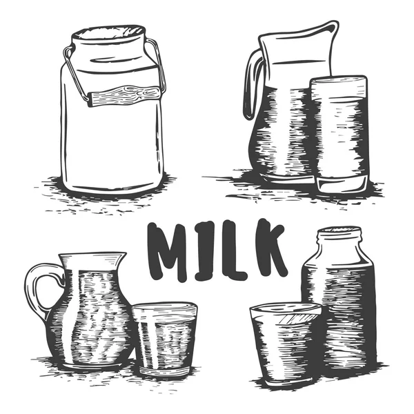 Set vettoriale di schizzo di vetro di latte disegnato a mano — Vettoriale Stock