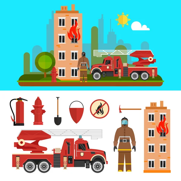 Firefighting department objects isolated on white background. Fire station and firefighters. — Stock Vector