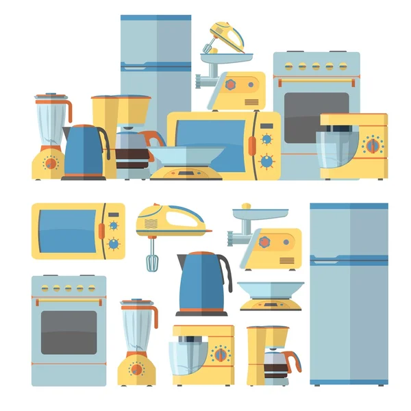 Moderni elettrodomestici da cucina. Illustrazione vettoriale in stile piatto. Forno a microonde, pentola, frigorifero, forno — Vettoriale Stock