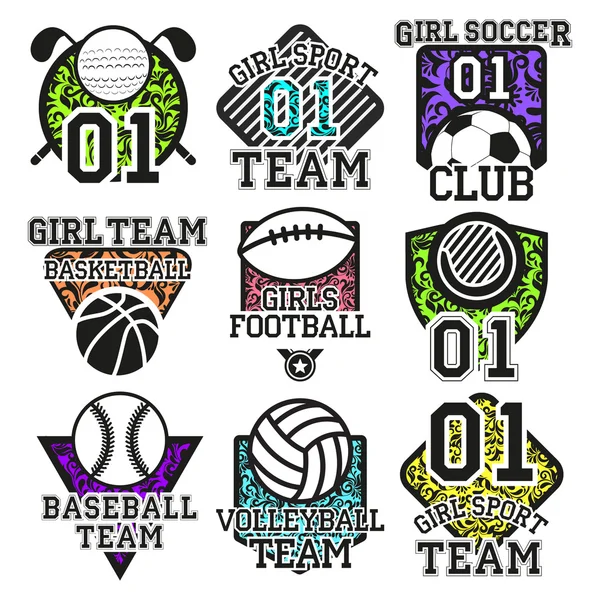 Vektor uppsättning av sport färgglada etiketter. Design element, ikoner, logotyp, emblem och märken isolerade på vit bakgrund — Stock vektor